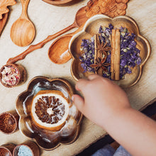 Load image into Gallery viewer, A larger wooden bowl carved in the shape of a flower, ideal for mixing potions or gathering natural treasures during outdoor play.